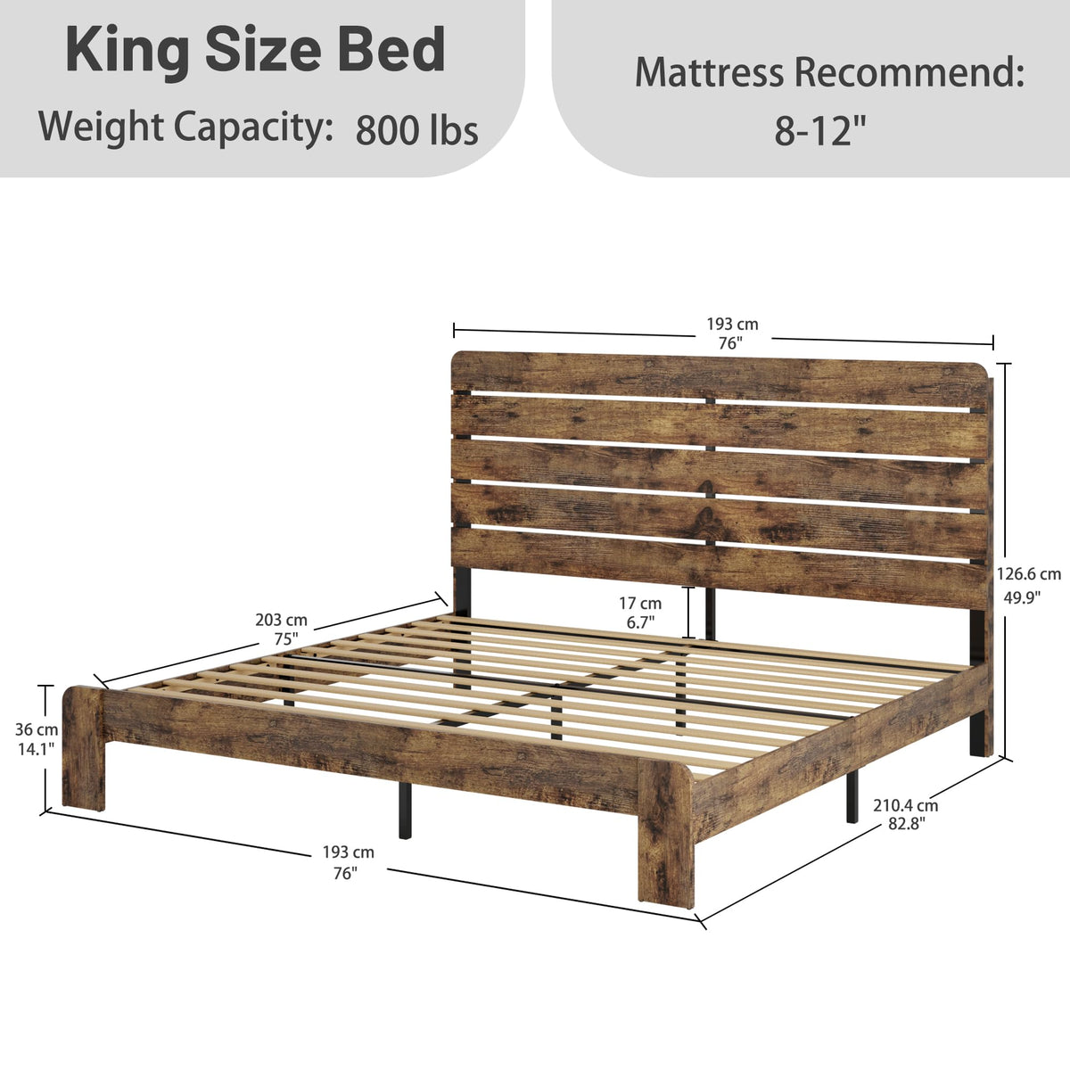 King Size Wooden Bed Frame with Headboard, Wood Slat Support