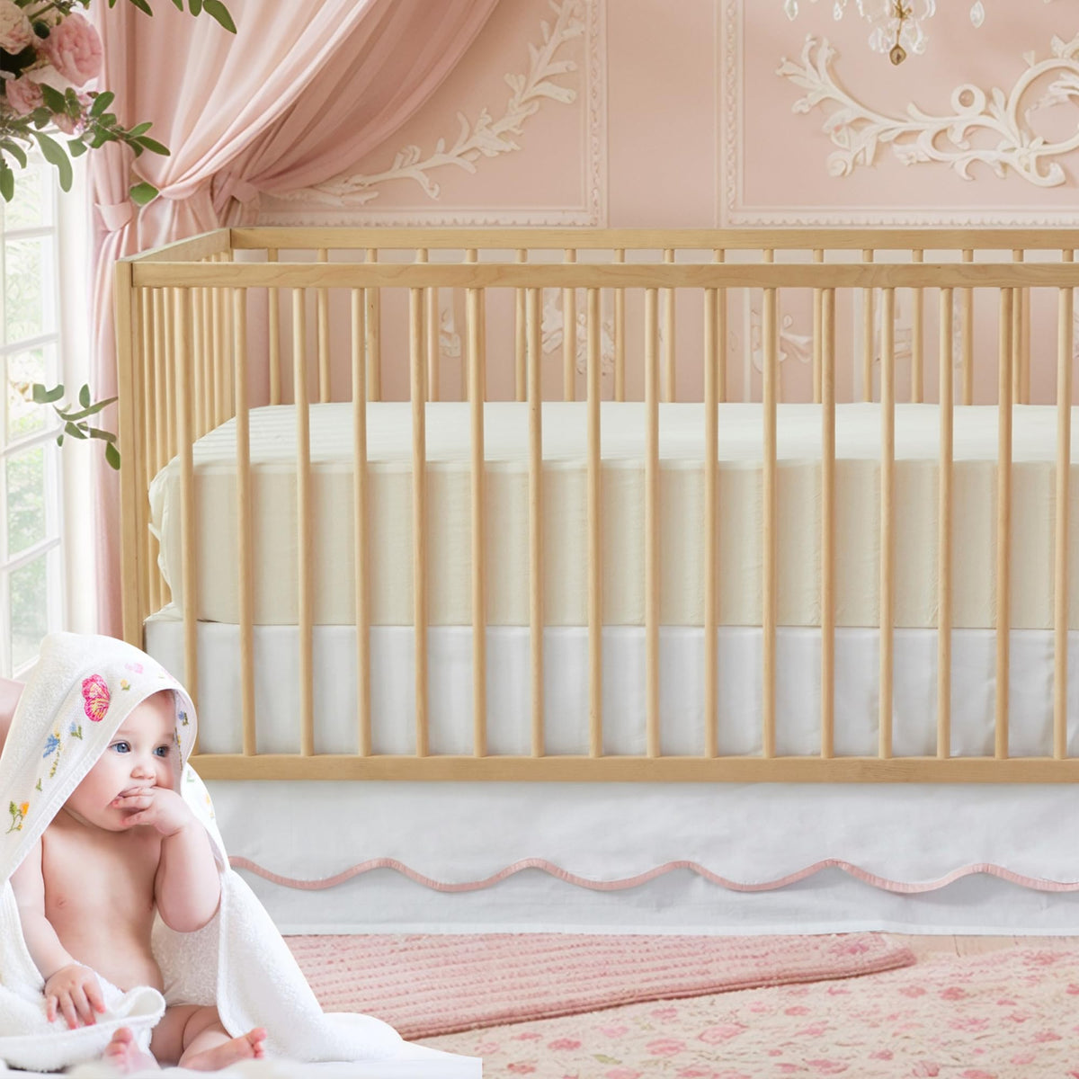 Scallop Edge Cotton Crib Skirt Toddler Bedskirt Baby Nursery Crib Bed Skirt Double Layer Boho Bohemian Neutral Solid