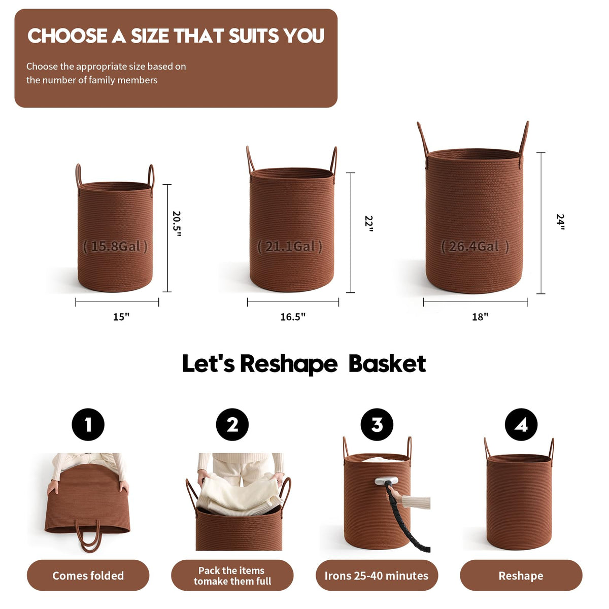 Basket Hamper Tall Rope Storage Woven for Blanket toys Dirty Clothes Bathroom Bedroom (Dark Brown, 60L/15.8Gal)