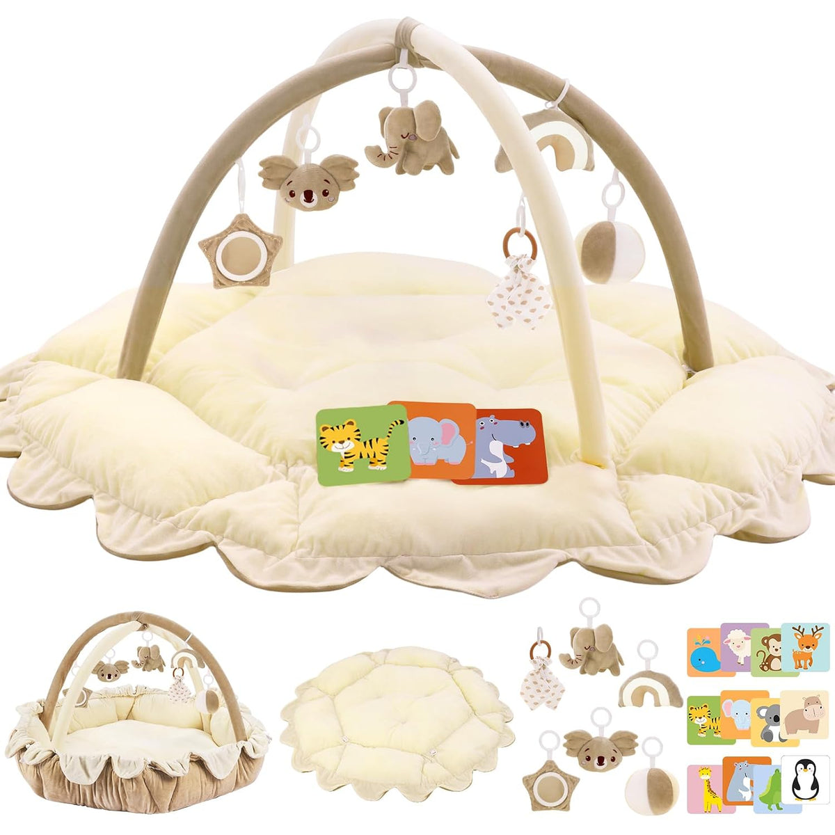 In-1 Plush Baby Play Gym, Activity Mat with Convertible Gym, Baby Gym 6 Sensory Toys, Play Center for Newborn to