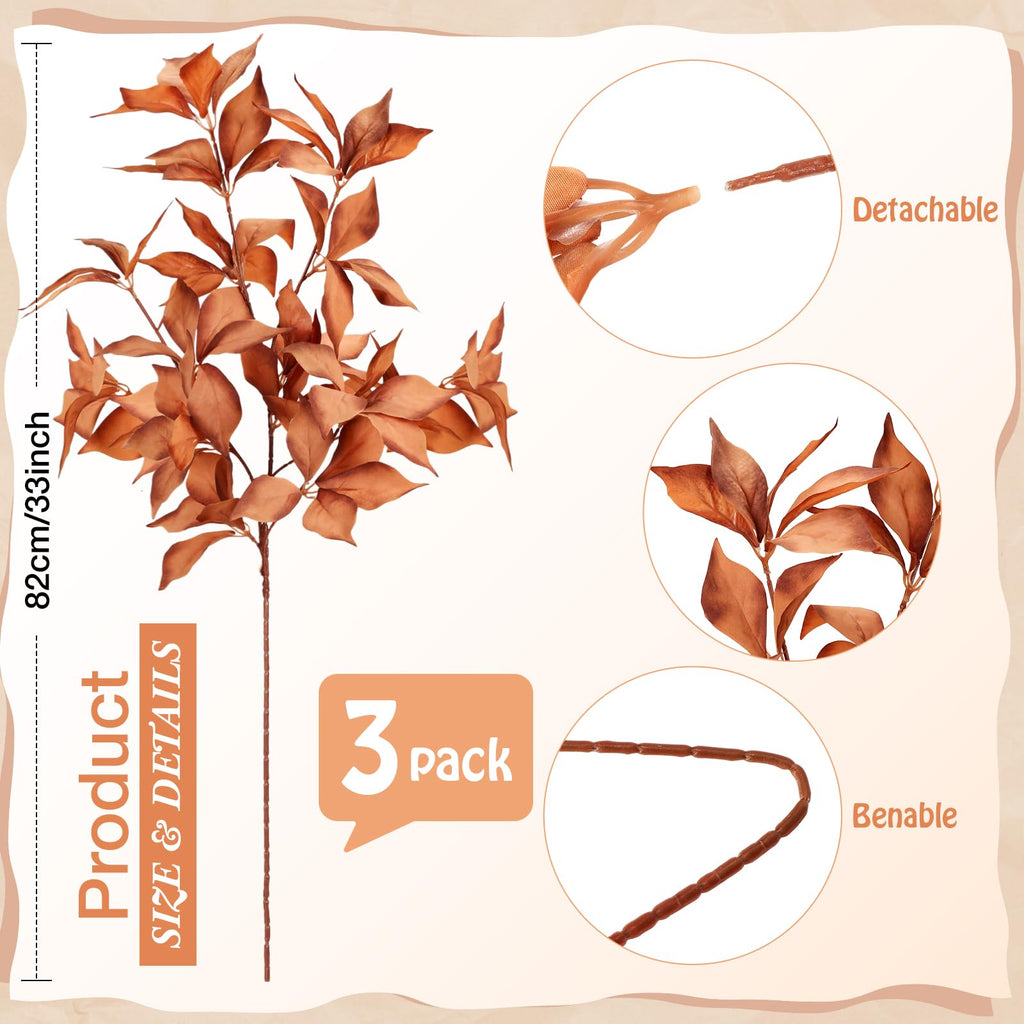 3 Pcs 33" Fall Artificial Filbert Leaves Stem Fall Decor, Caramel