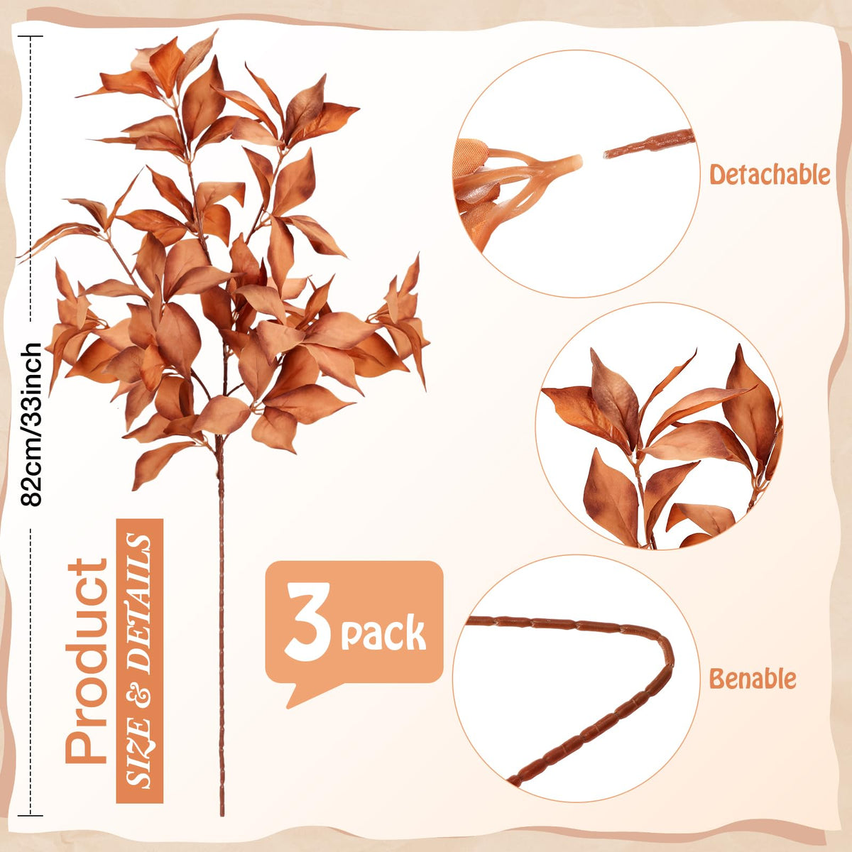 3 Pcs 33" Fall Artificial Filbert Leaves Stem Fall Decor, Caramel