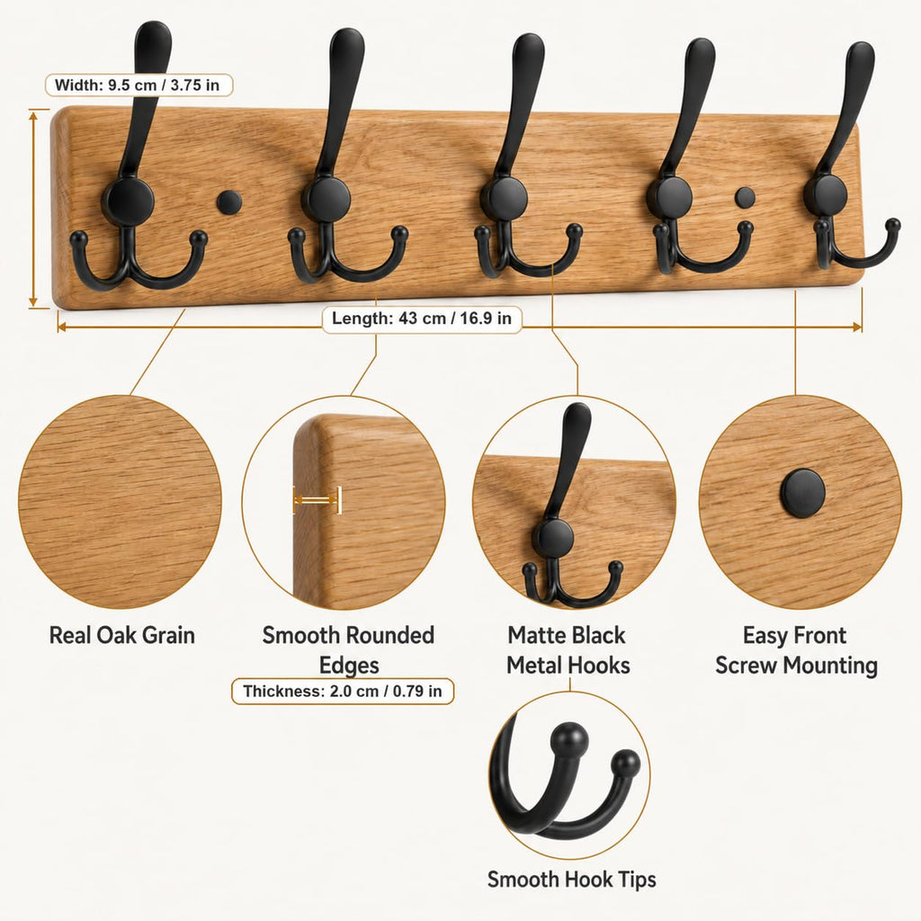 Solid Oak Rustic Coat Rack Wall Mount with 5 Hooks, 17 Inch