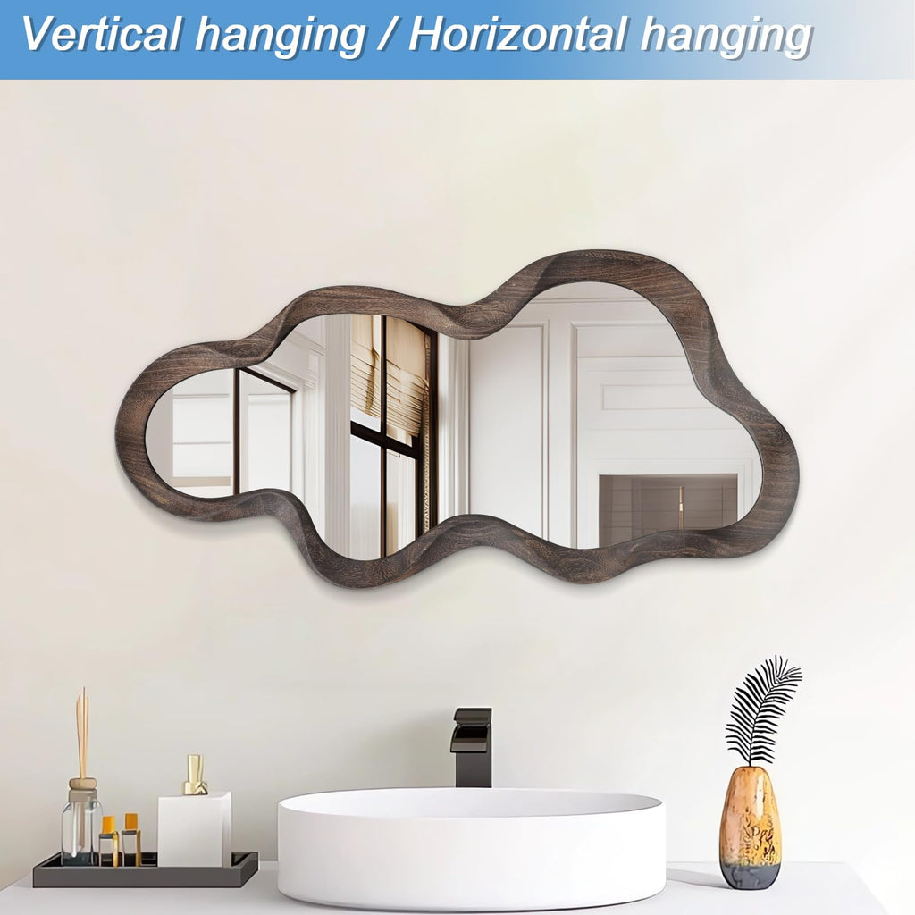 Large Asymmetrical Mirror, Wall Wood Frame Irregular Cloud Wavy Mirror