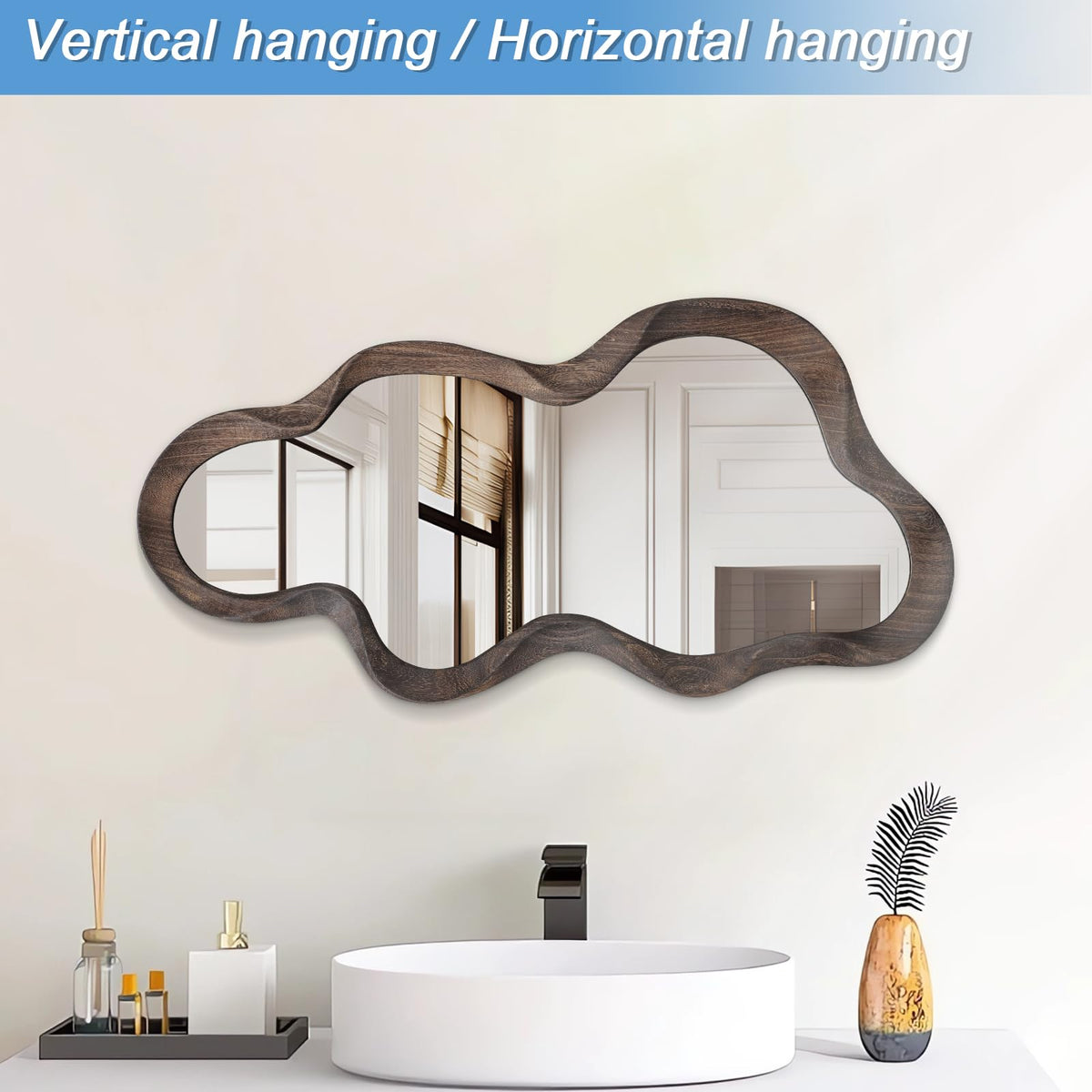 Large Asymmetrical Mirror, Wall Wood Frame Irregular Cloud Wavy Mirror