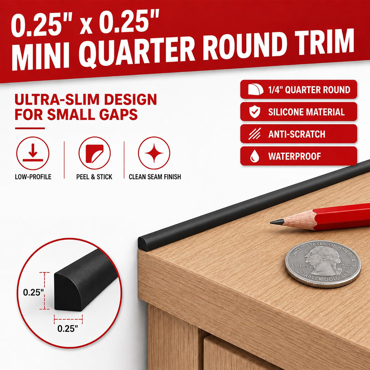 0.25" x 0.25" Mini Quarter Round Molding,10FT Self Adhesive Flexible Trim for Small Gaps, Countertop Wall Seam