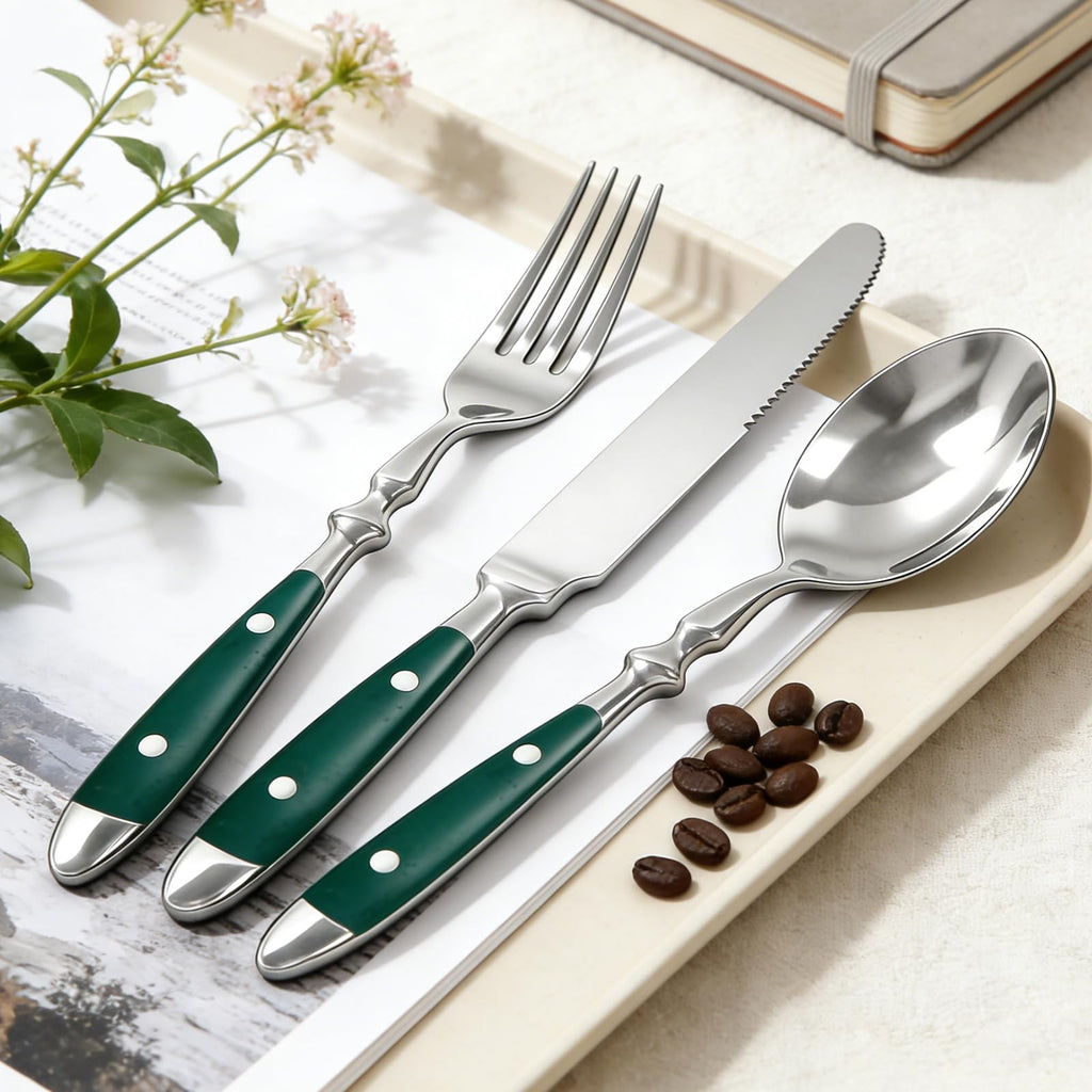 Vintage Silverware Set Service for 4, Flatware Set with Green Bakelite Handle, Stainless Steel Cutlery Set