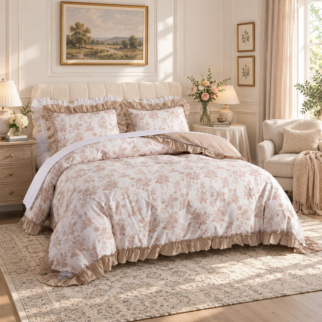 Ruffled Duvet Cover Set, 100% Cotton Brown Floral Bedding
