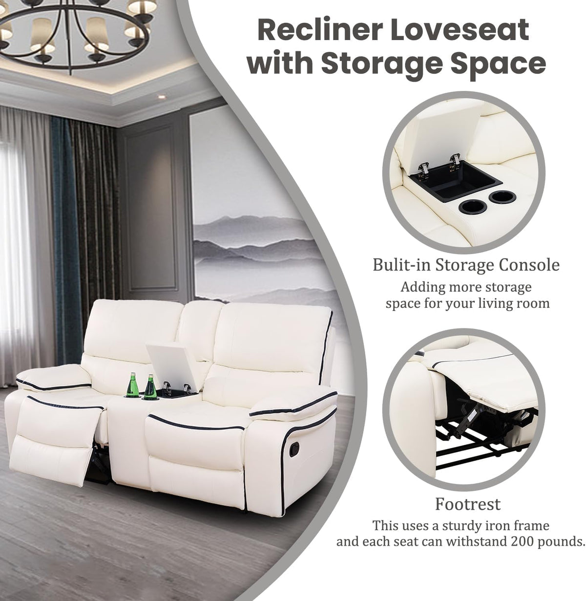 Manual Reclining Living Room Furniture, Bonded Leather Sofa w/Drop-Down Console, Loveseat w/Storage Console