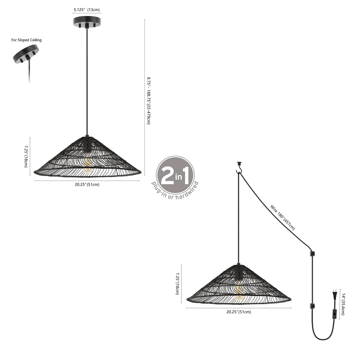 Connie Farmhouse 1-Light Pendant 20.25" Rattan, Black