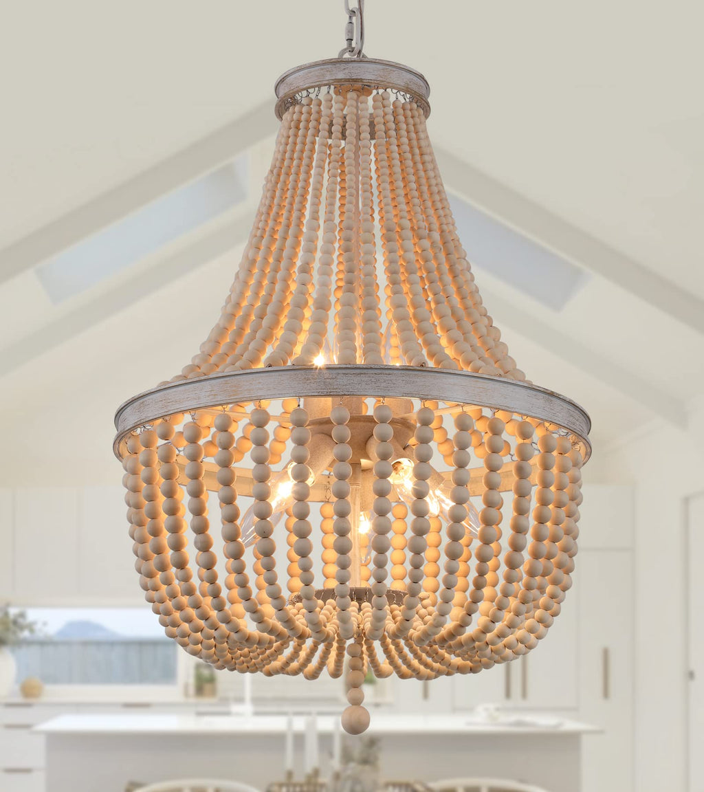 Farmhouse Wood Beaded Chandelier, Oak White 8-Lights Retro Vintage Antique Rustic Boho Pendant Light Fixture for Foyer