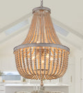 Farmhouse Wood Beaded Chandelier, Oak White 8-Lights Retro Vintage Antique Rustic Boho Pendant Light Fixture for Foyer