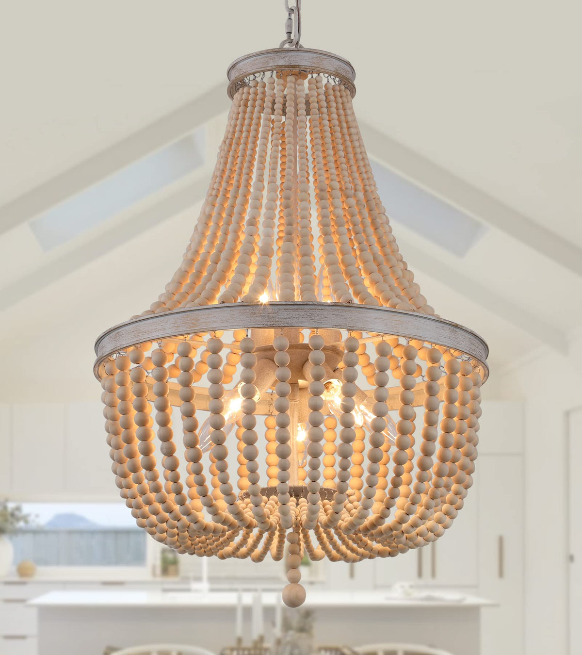Farmhouse Wood Beaded Chandelier, Oak White 8-Lights Retro Vintage Antique Rustic Boho Pendant Light Fixture for Foyer