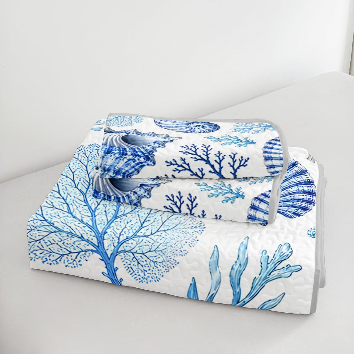 Blue Ocean Quilt Coastal Bedding with 2 Pillowcases.