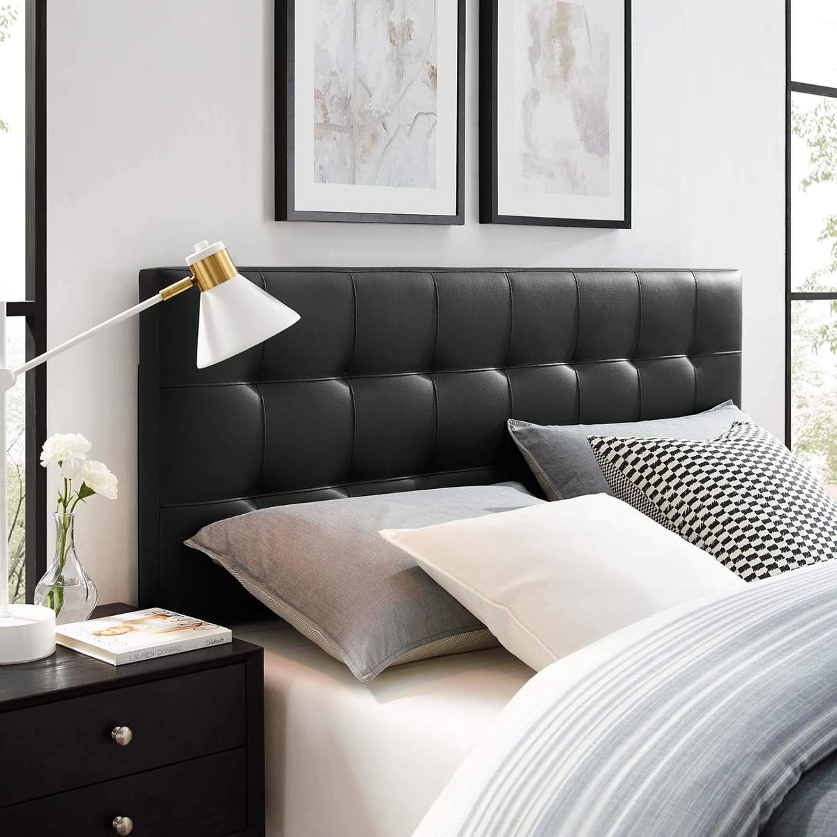 Black Faux Leather Tufted Queen Headboard with Classic Button Detail