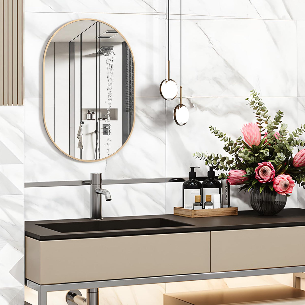Oval Bathroom Mirror Capsule Wall Vanity Mirror, 20"x30" Pill Mirrors Wall Mounted Mirror, Large Modern Mirror