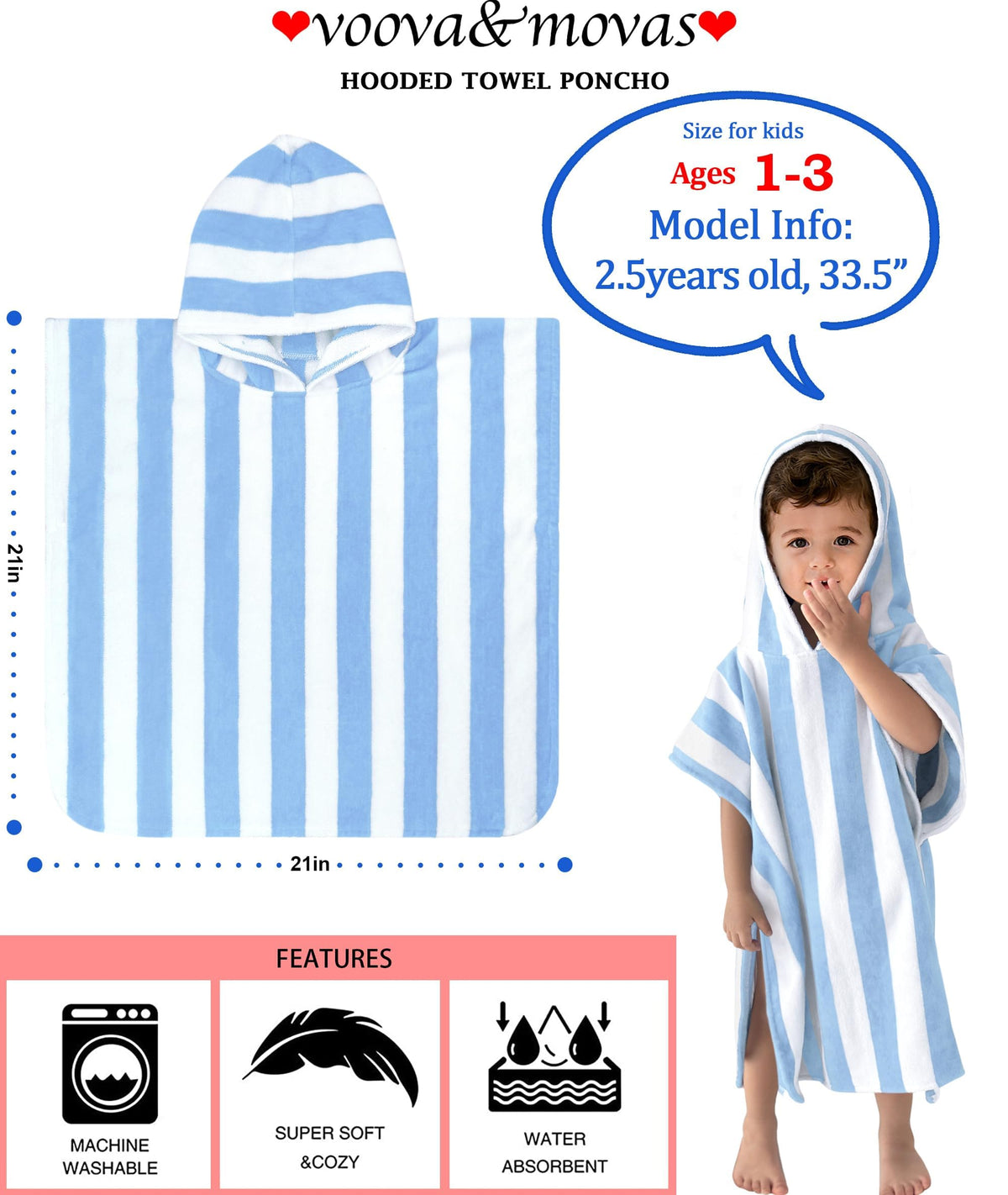 Toddler Poncho Towel 1-3Y,100% Cotton, Light‐Blue Stripe