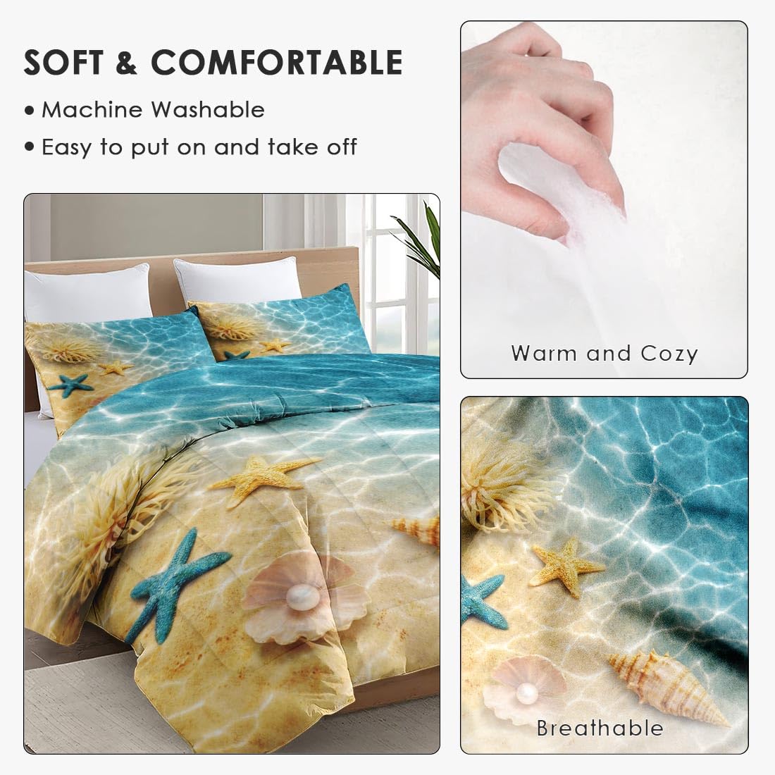 Comforter Set, 3 Pieces Beach Ocean Bedding, All Season