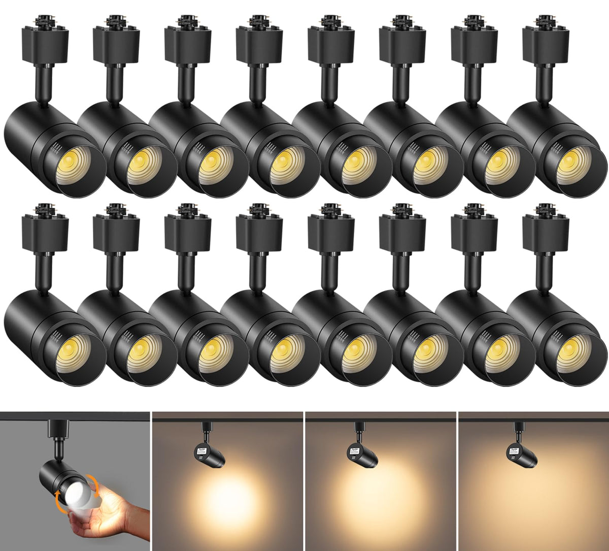 16 Pack Zoomable H Track Lighting Heads Dimmable, Black 12W