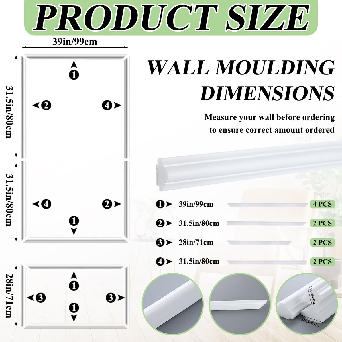 3set Peel and Stick Wall Molding Kit 3D Premade, 39x63in