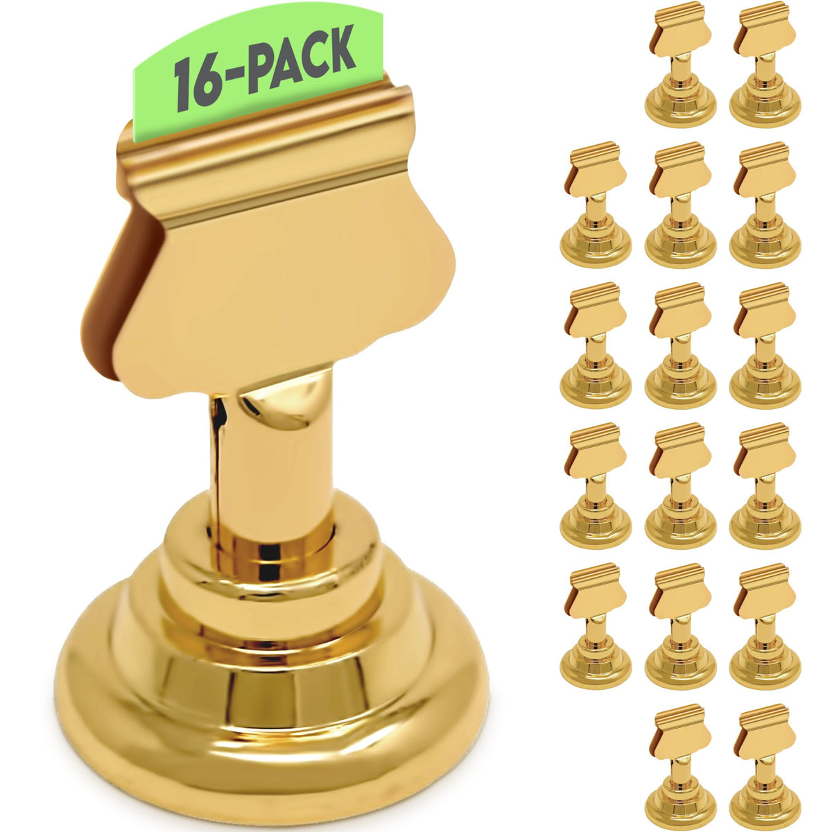 Table Number Holders (16pc) Premium Gold Metal Place Card Holders for Wedding Party Table Decor Card Holder (1.7 inch