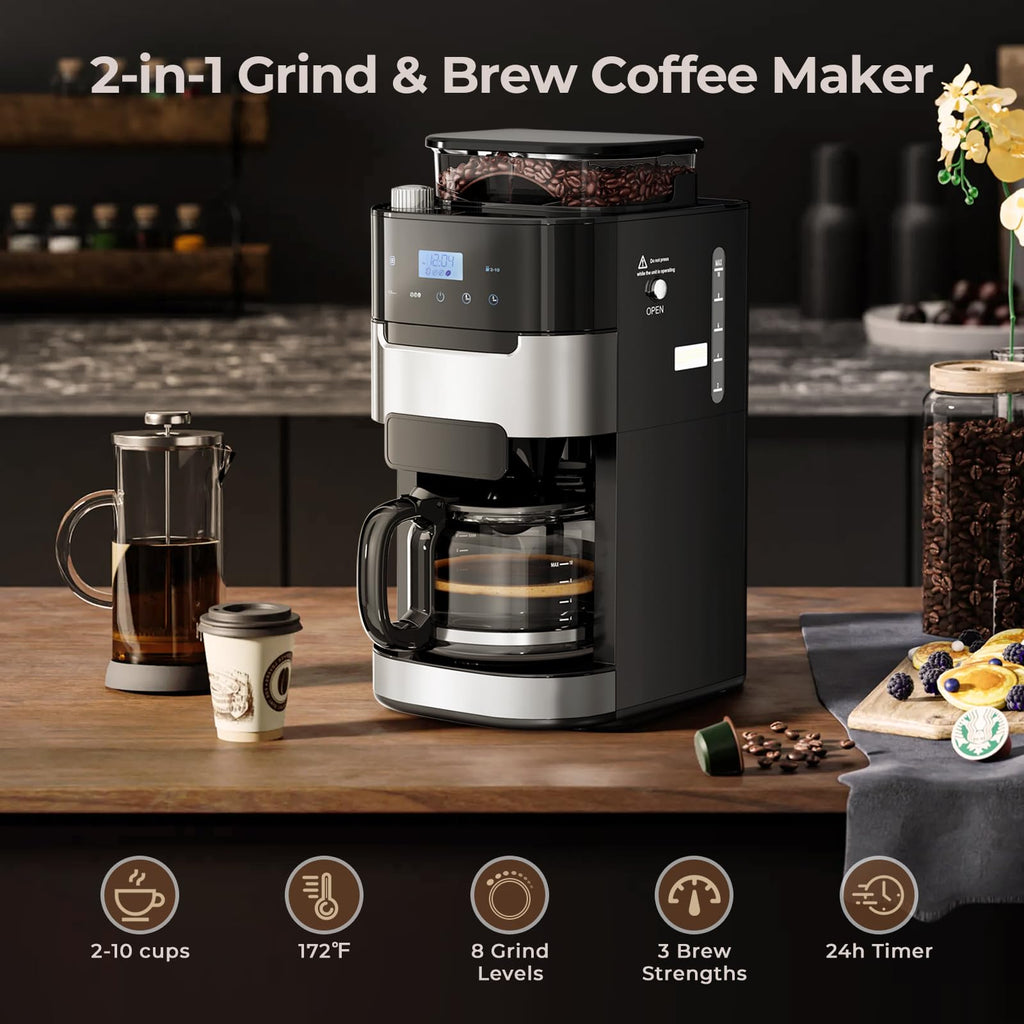 Drip Coffee Maker with Built In Grinder, 10-Cup Grind and Brew Coffee Machine Fully Automatic, Programmable with Brew