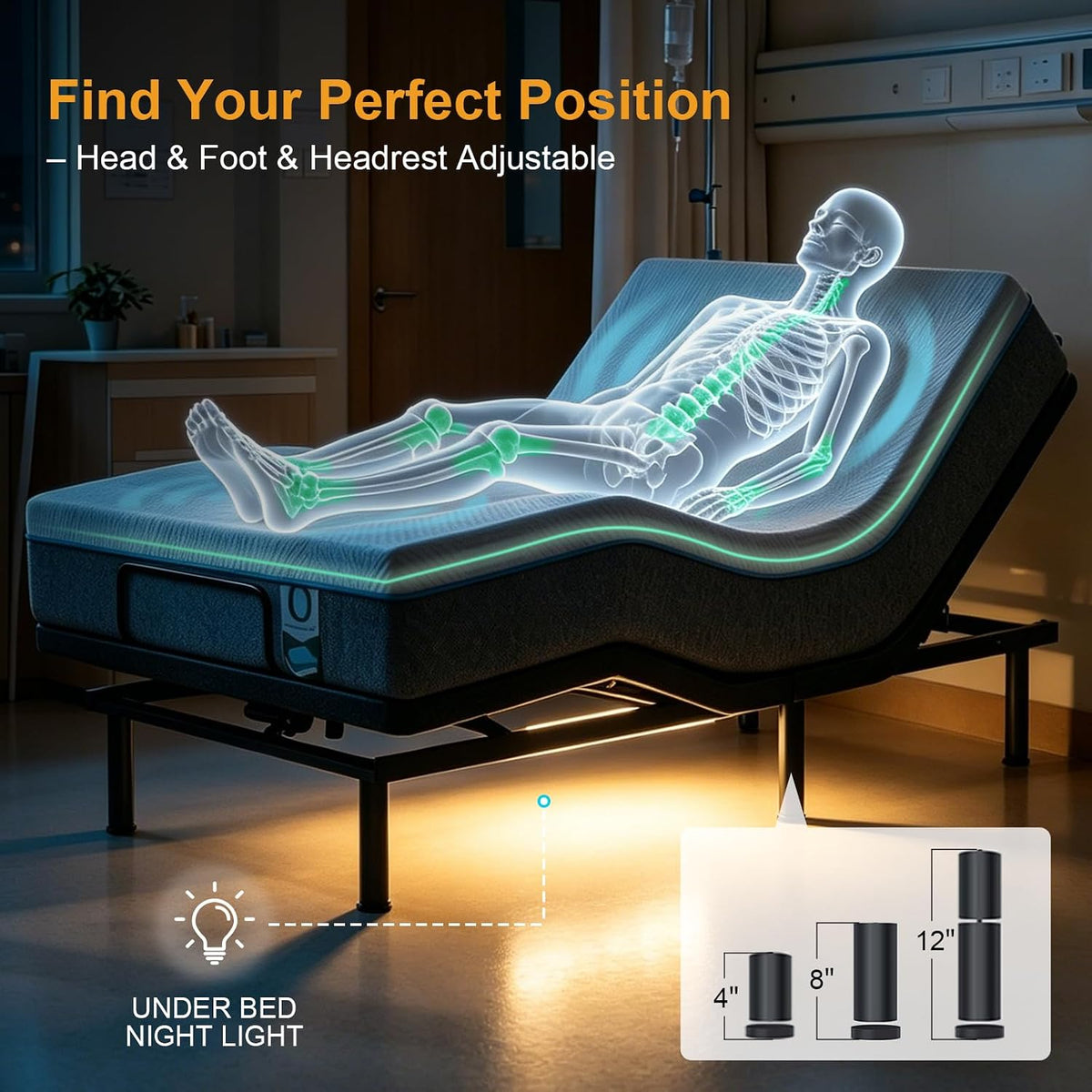 Queen Adjustable Bed Frame with Mattress Head and Foot Lift & Head-Pillow-Tilt, Electric Bed Base with Under-Bed LED
