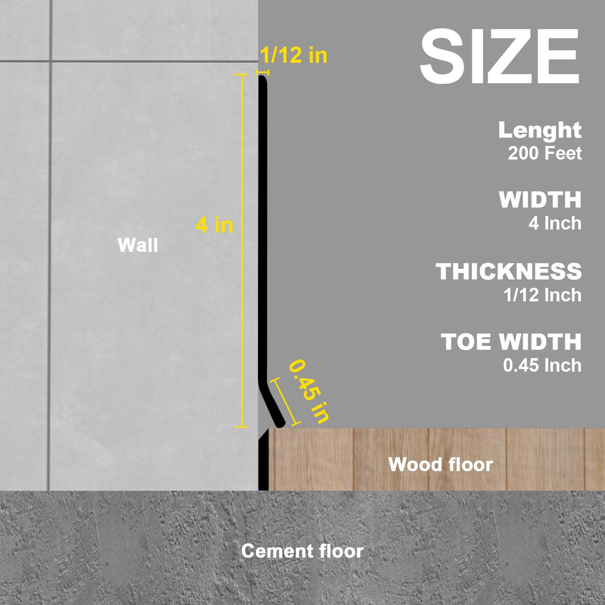 Peel and Stick Vinyl Baseboard Trim, 4 in x 200 ft Vinyl Wall Base, Black