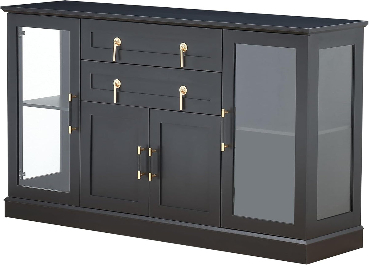 58.27'' Buffet Cabinet with 2 Drawers,LED and Adjustable Shelves,Large Glass Door Coffee Bar Cabinet with Storage,Modern Farmhouse Sideboard Credenza for Kitchen,Green