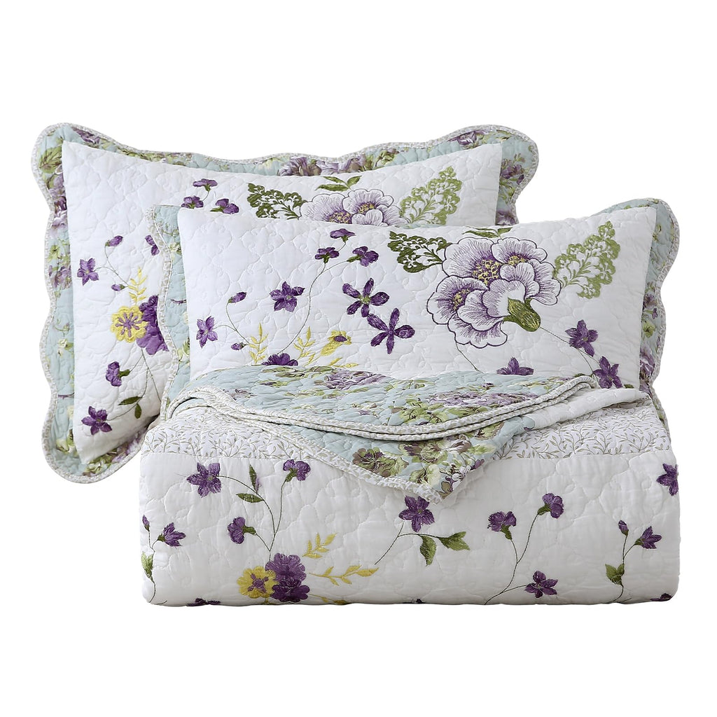 3-Piece Floral Embroidered Quilt Set Oversize Queen 100% Cotton Ultra Soft Elegant Reversible Bedspread Coverlet Set