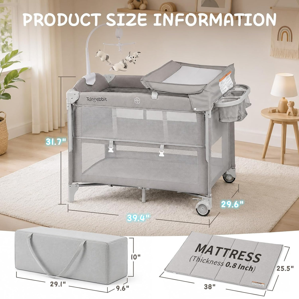 Bassinets Bedside Sleeper, 4 in 1 Portable Bedside Crib w/Mattress, Diaper Changer, Storage Basket, Music Box, Carry