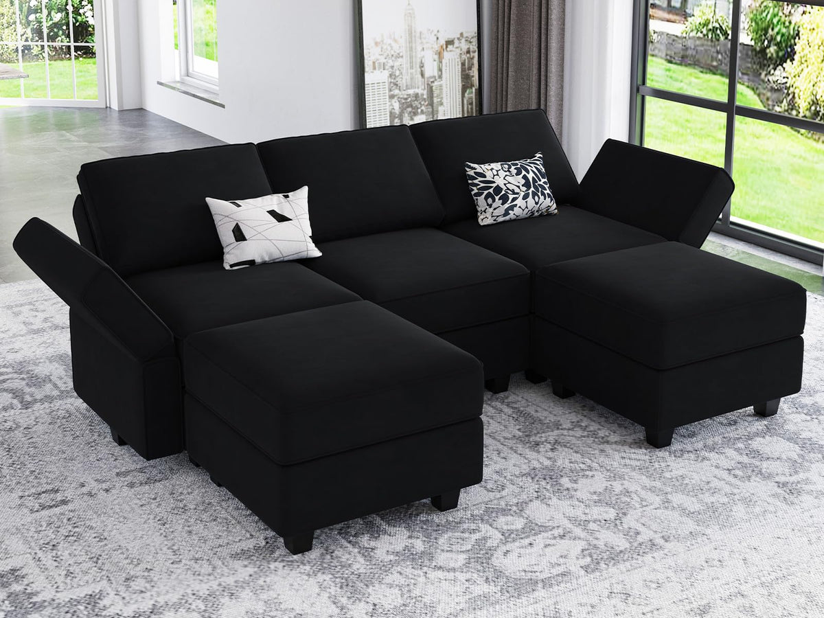 Modular Sectional Sofa with Double Chaise Velvet U Shaped Sofa Reversible Sectional Couch with Storage Black