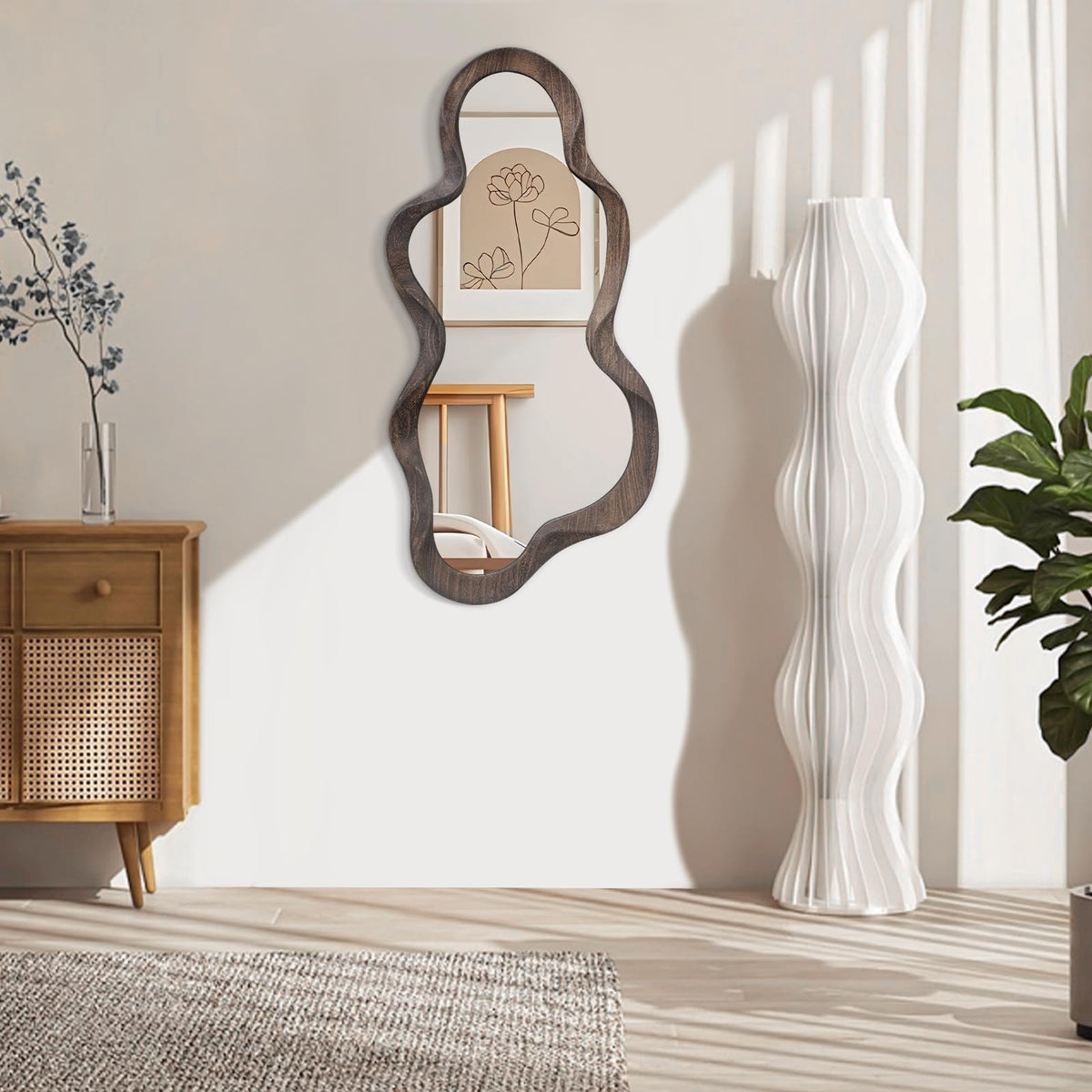 Large Asymmetrical Mirror, Wall Wood Frame Irregular Cloud Wavy Mirror