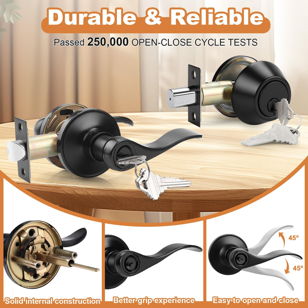 Front Door Entry Lever Lockset, Single Cylinder Deadbolt Combination Set, Flat Black Finish Keyed Alike Combo