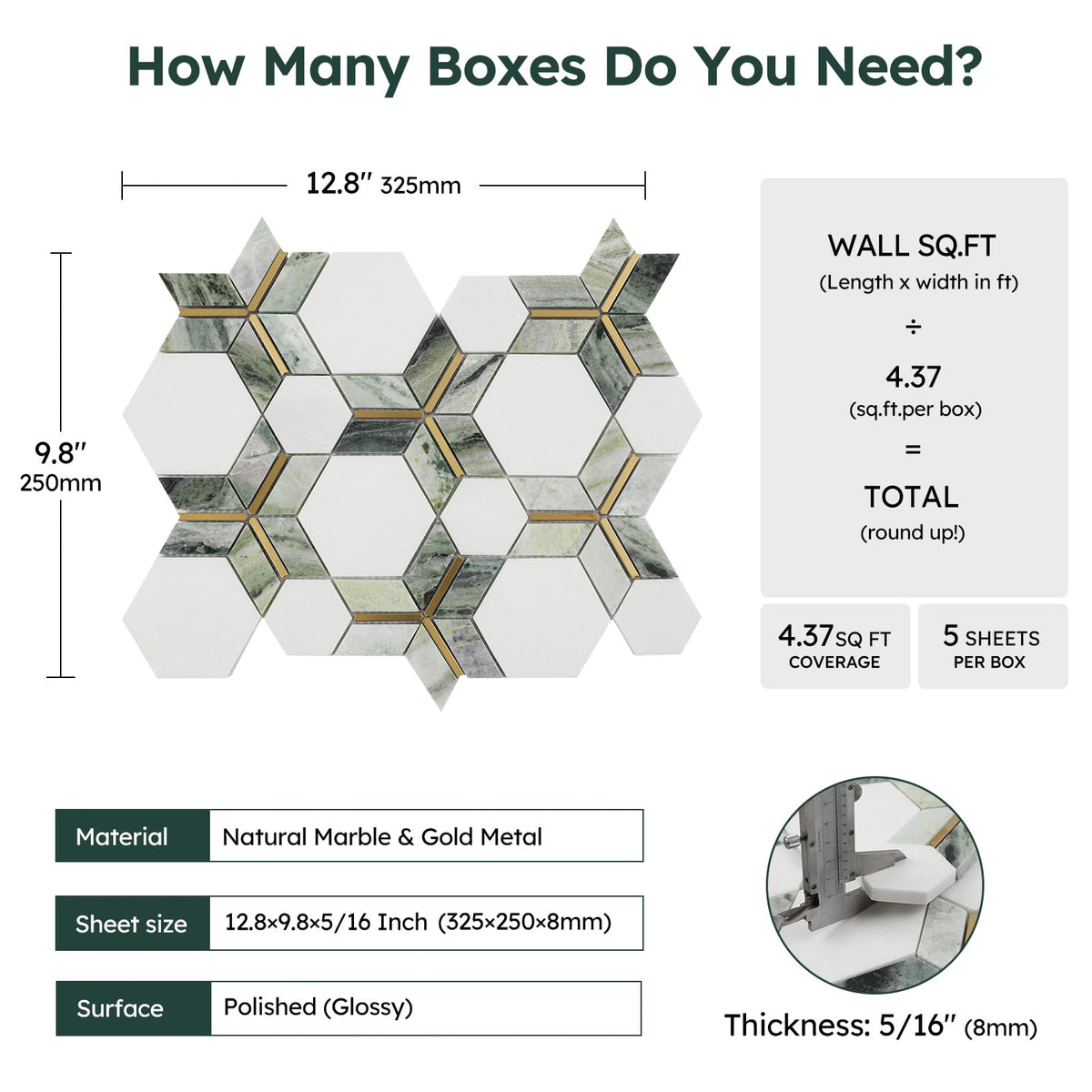 White Marble with Gold Metal Hexaong Mosaic Tile Polished, 5 Sheets
