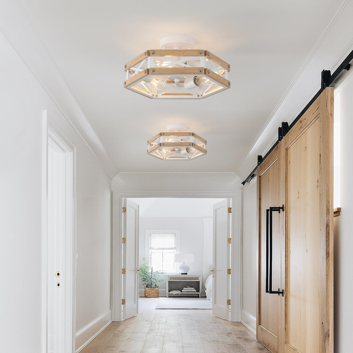 3-Light Modern Farmhouse Wood Flush Mount Ceiling Light Fixture 14.5 inch Vintage Natural Wood and Metal Cage Semi