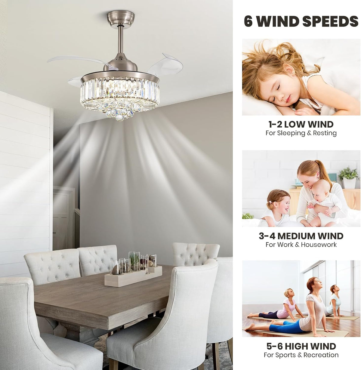 36" Crystal Retractable Ceiling Fan with Light & Remote