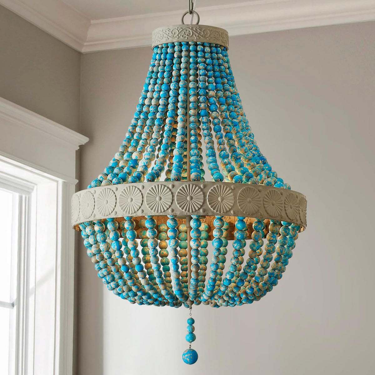 Vintage Farmhouse Wood Bead Chandelier for Dining Rooms and Entry Halls
