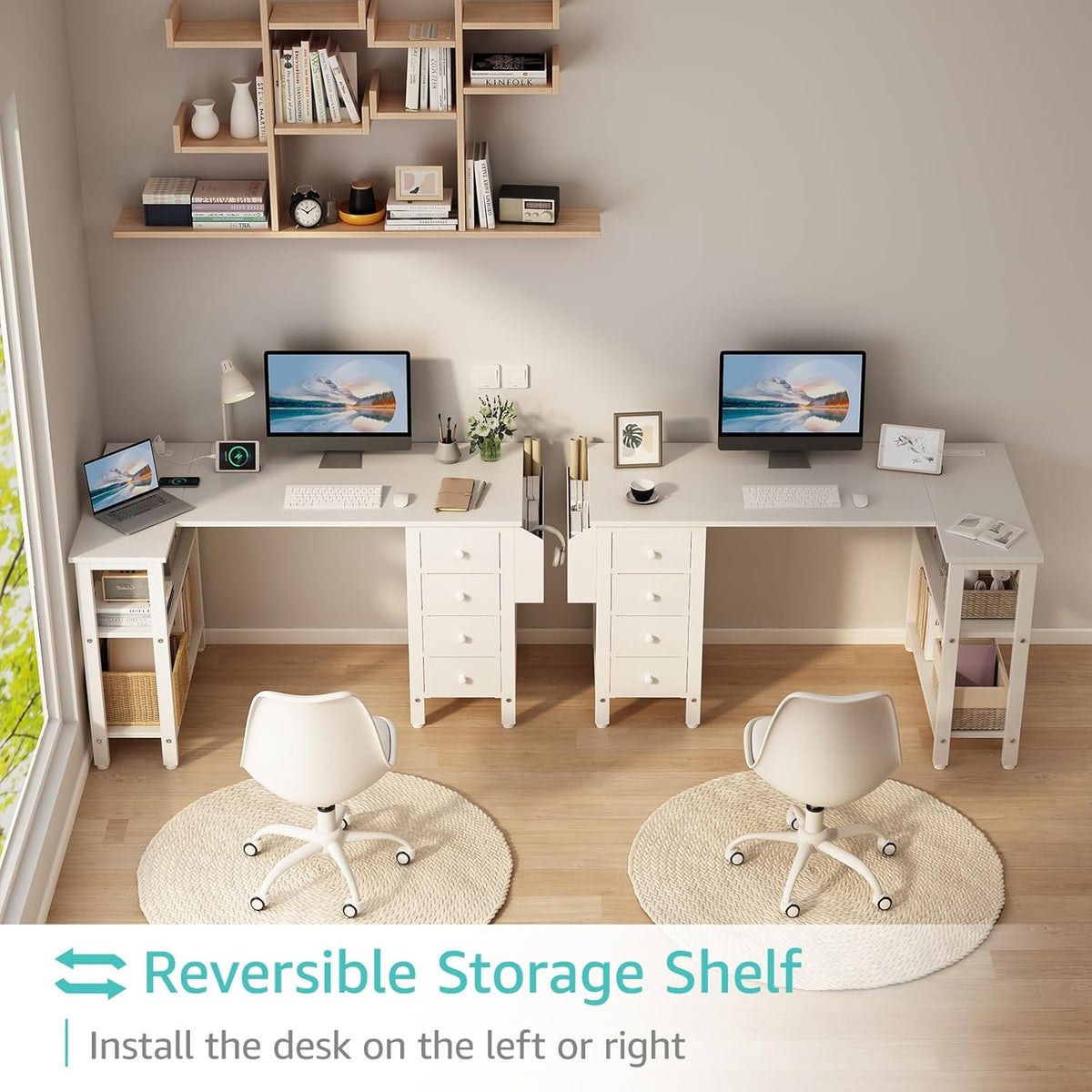 White L Shaped Computer Desk with Drawers & Storage Shelves, 47 Inch Corner Reversible Desk with Power Outlet Bedroom