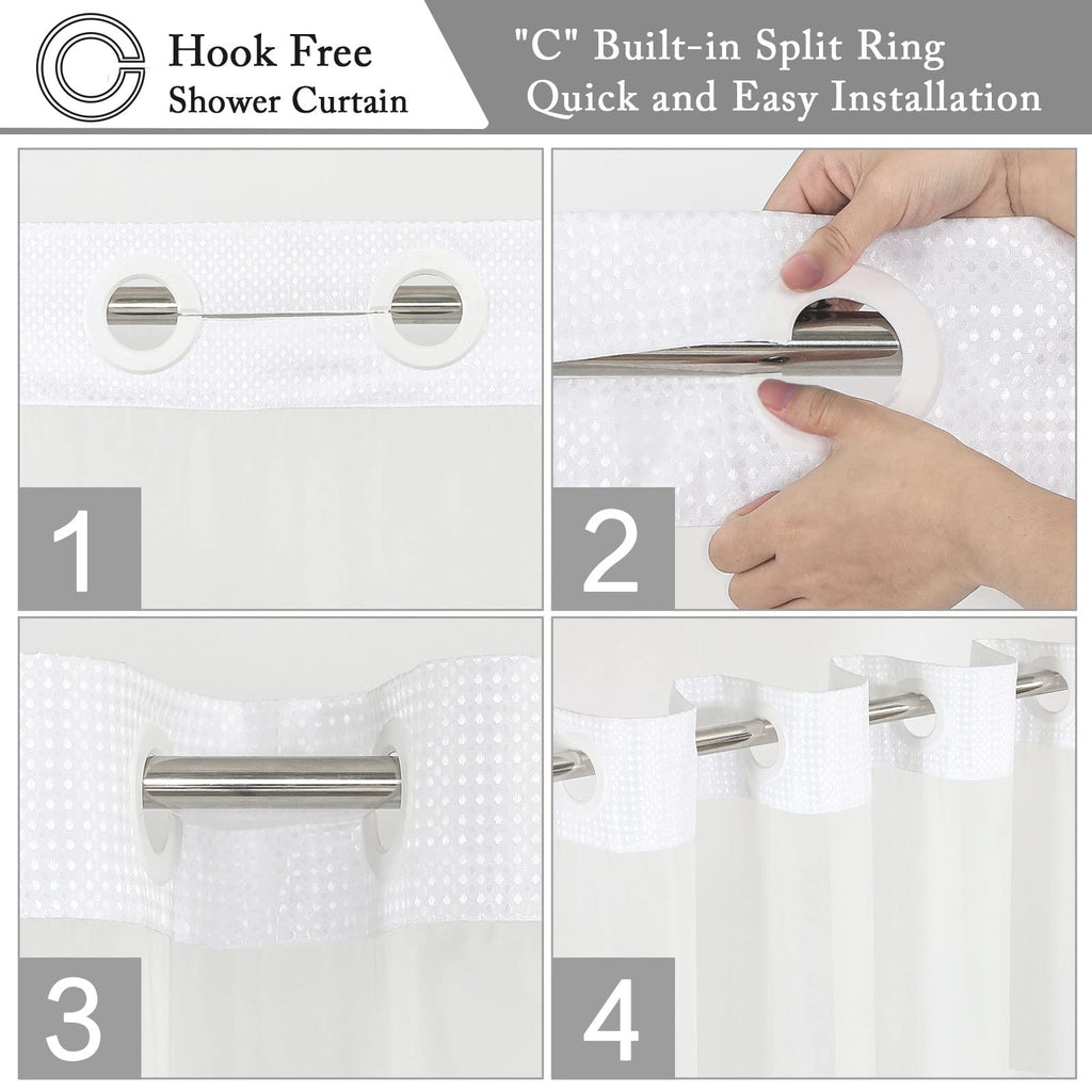 No Hook Waffle Weave Shower Curtain with Snap-in Fabric Liner Set Style with Mesh Top Window, Waterproof & Washable
