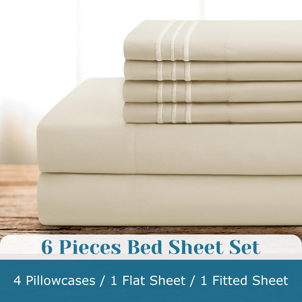 6 Pieces Bed Sheets Set with Pockets on Side(Cream), Sweat-Wicking Breathable Sheets, 16-inch Super Soft Hotel