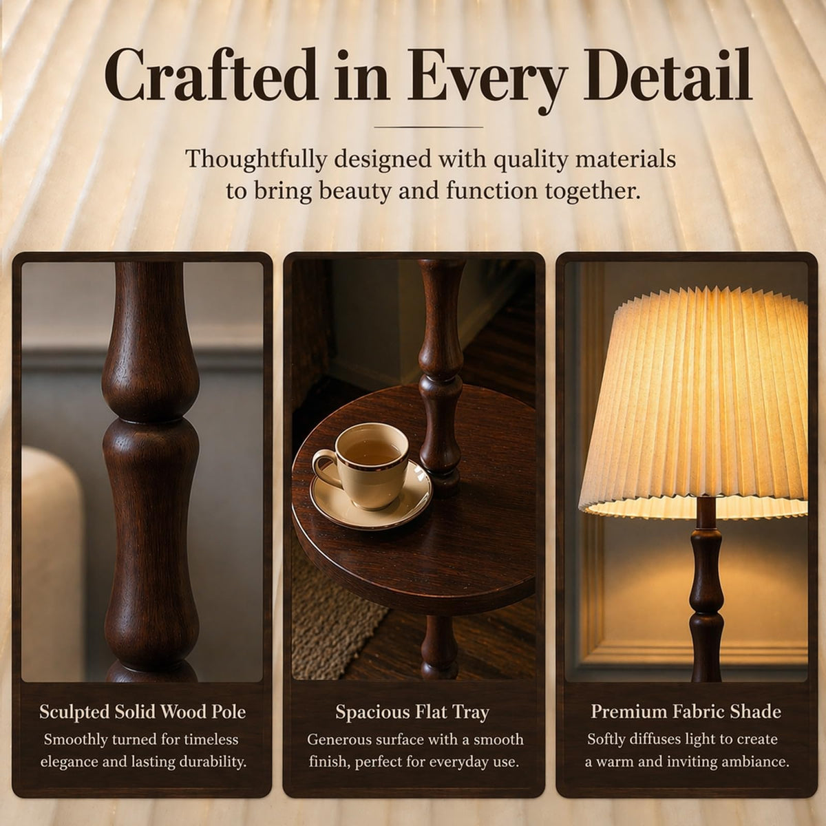 Real Wood Floor Lamp with Built-in Tray, Remote Control, Adjustable Brightness & 3 Color Temperatures, Dimmable