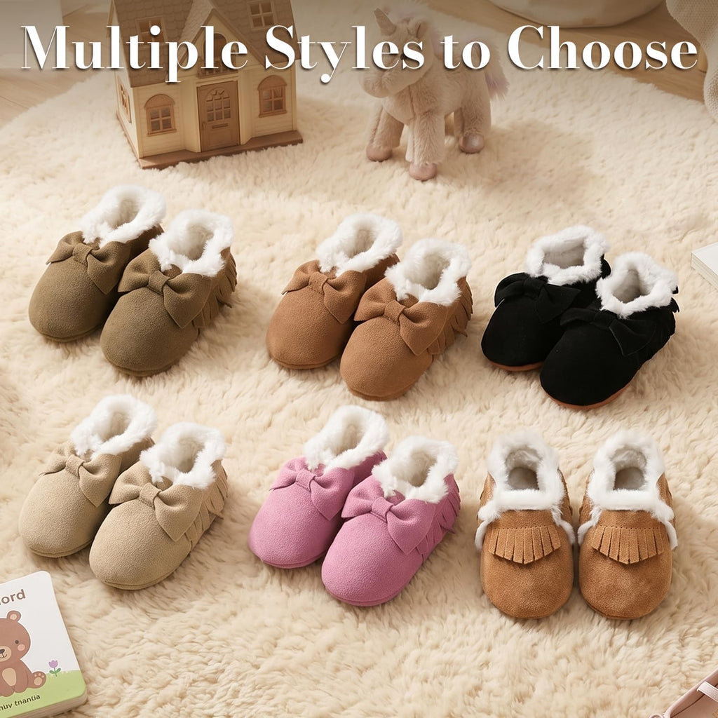 Baby Moccasins with Fur Fleece Rubber Soles Warm Snow Boots Leather Baby Shoes for Boys Girls