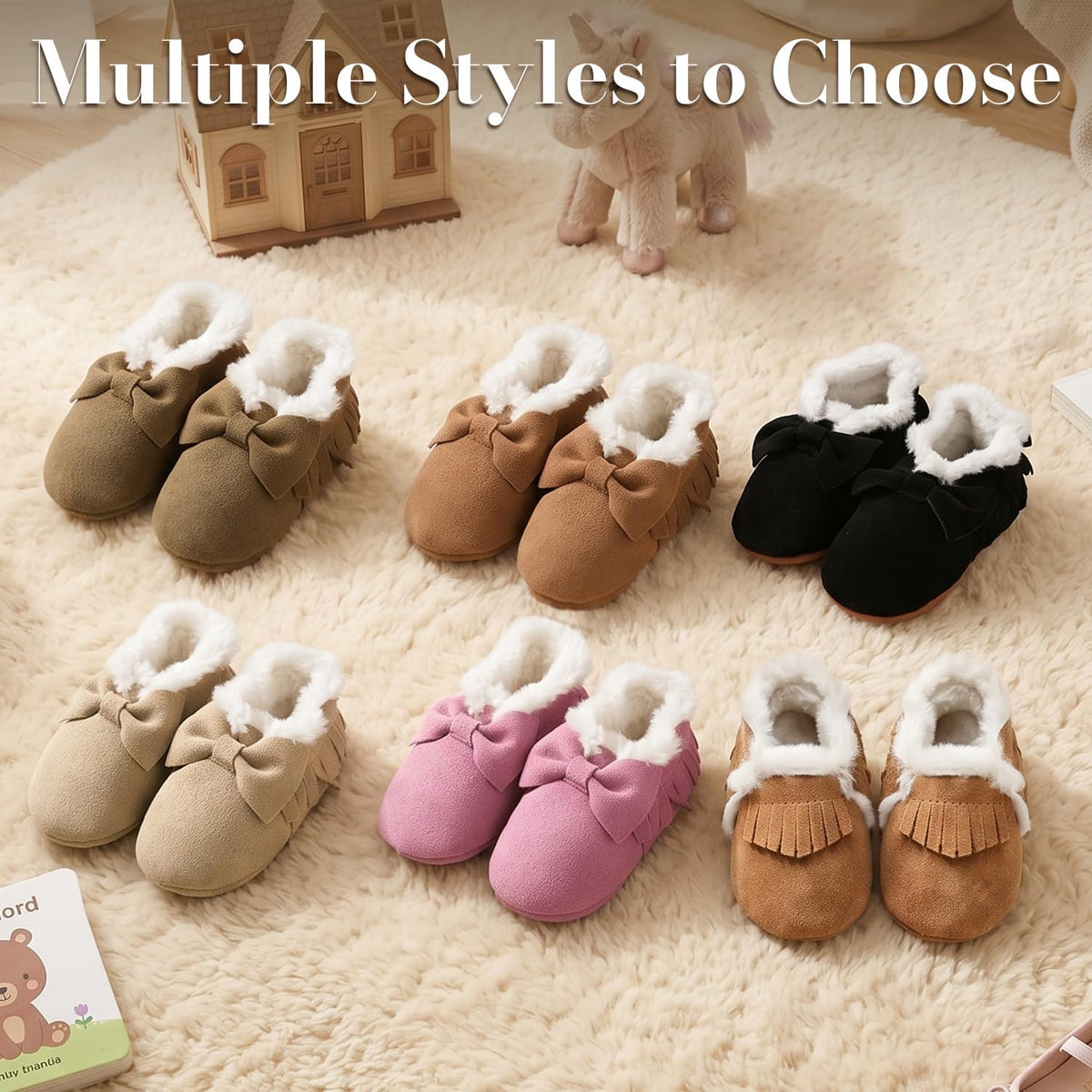 Baby Moccasins with Fur Fleece Rubber Soles Warm Snow Boots Leather Baby Shoes for Boys Girls