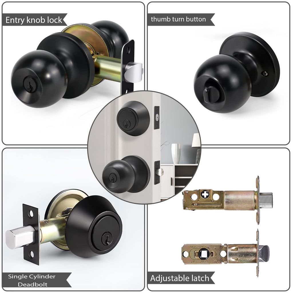 Black Door Knob with Lock and Deadbolt Set, Exterior Front Door Lock Set
