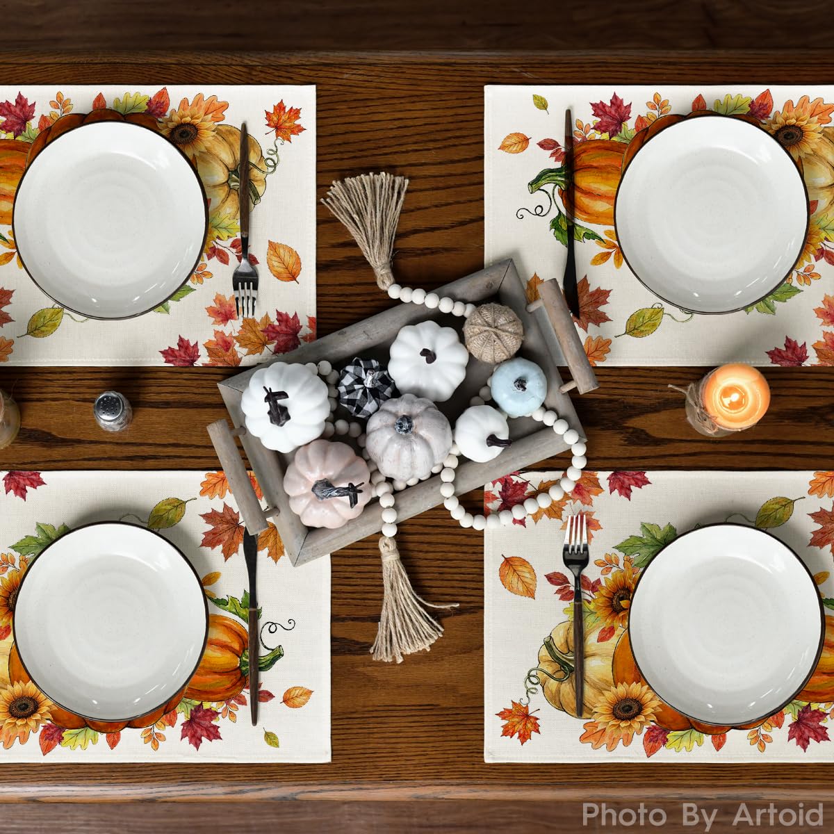 Pumpkins Maple Leaves Fall Placemats Set of 6, 12x18 Inch Seasonal Autumn Thanksgiving Table Mats for Party Kitchen