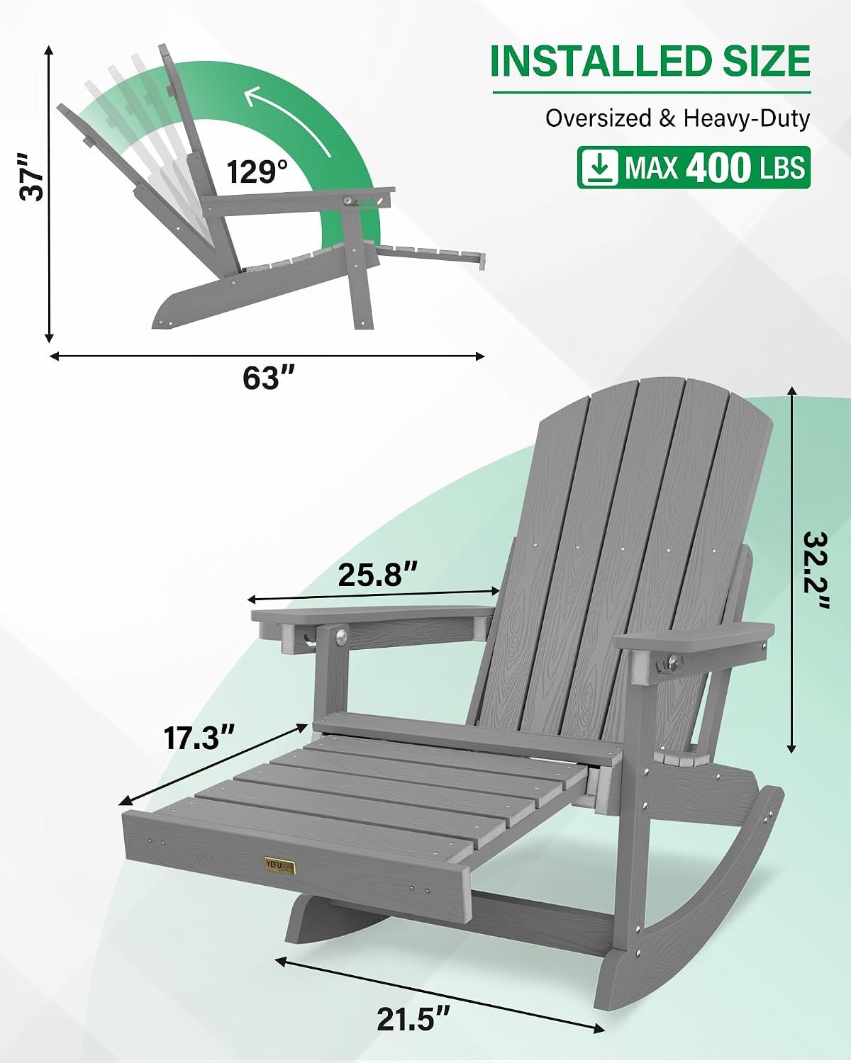 Adirondack Rocking Chairs, Adirondack Chair with Footrest, Grey | 5- Level Adjustable Backrest, Retractable Ottoman &
