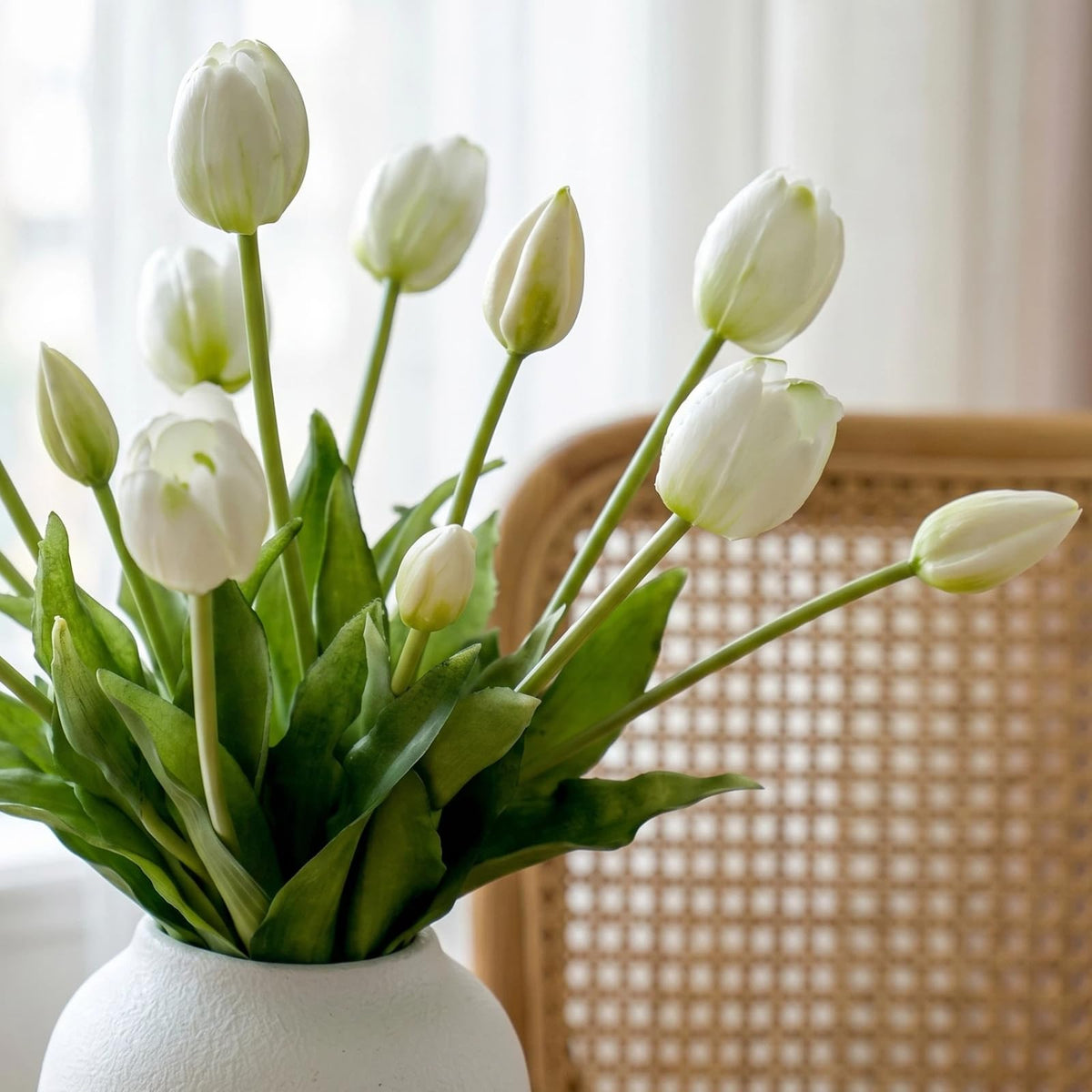 20 Pcs 15'' Artificial Tulips Flowers White Faux Tulip Flowers