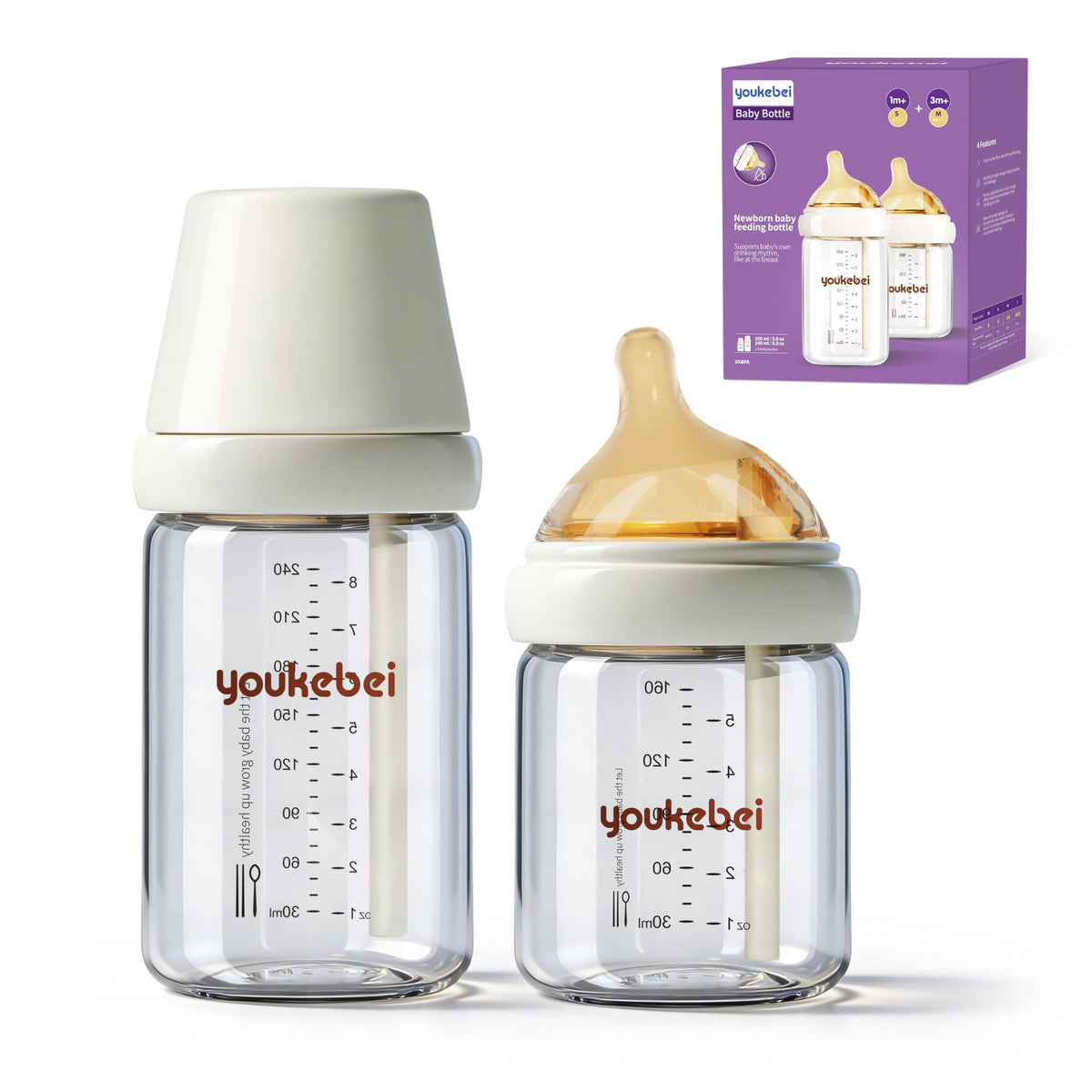 Natural Nursing Glass Baby Bottle - with Anti-Colic Vent System - BPA-Free, 5 oz and 8 oz with Slow Flow(S) & Medium
