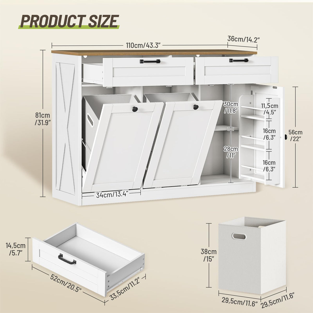 Double Tilt Out Laundry Hamper Cabinet, 43.3" Laundry Cabinet with 2 Removable Baskets, Farmhouse Wooden Hidden Trash